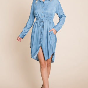 Faith Apparel Button Up Drawstring Shirt Dress Trendsi