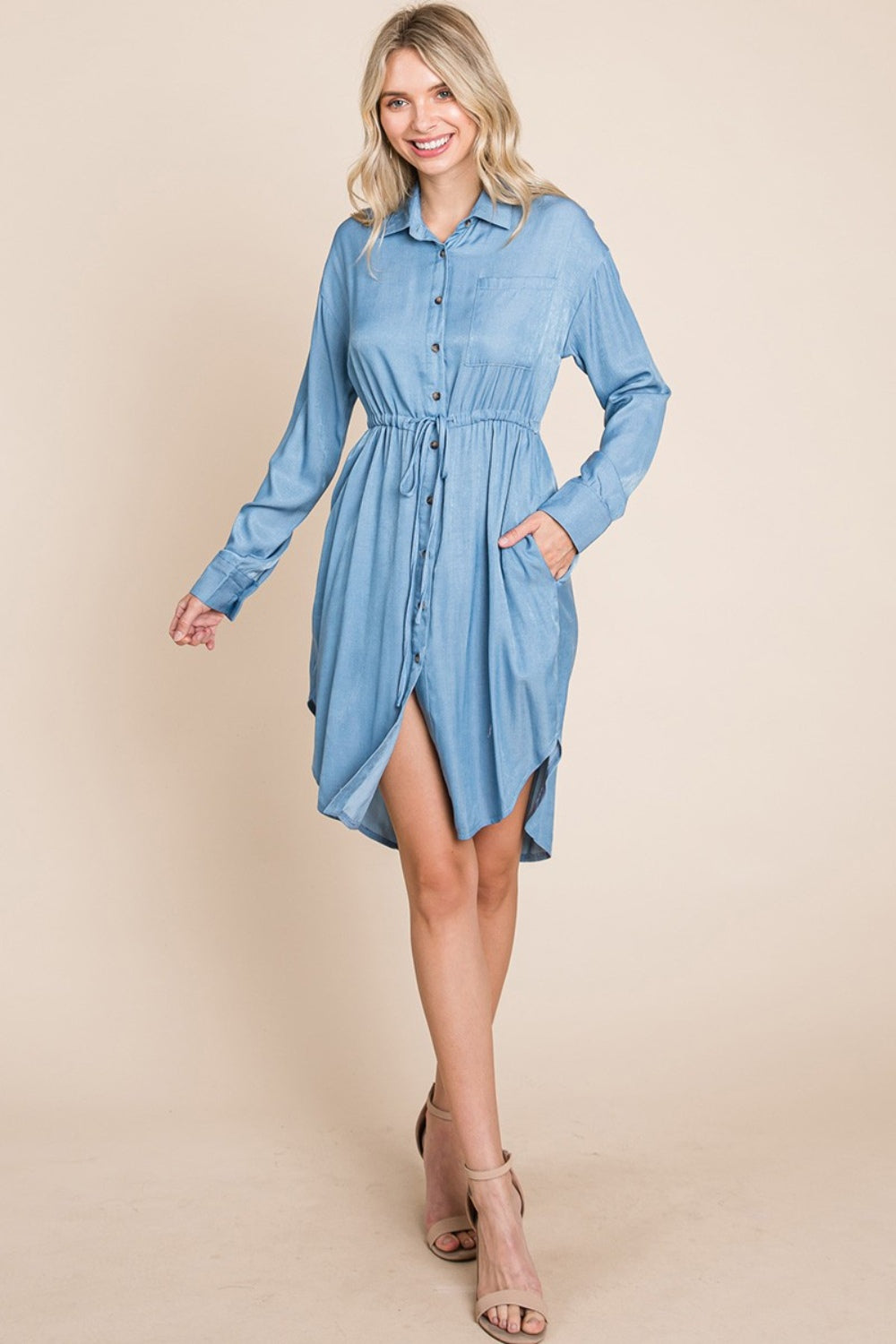 Faith Apparel Button Up Drawstring Shirt Dress Trendsi