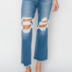 RISEN Mid Rise Distressed Cropped Flare Jeans Trendsi