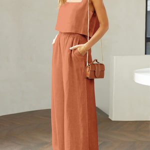 Square Neck Top and Wide Leg Pants Set Trendsi