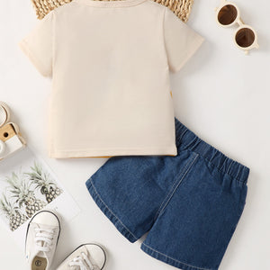 KEEP RUNNING Round Neck Tee and Denim Shorts Set Trendsi