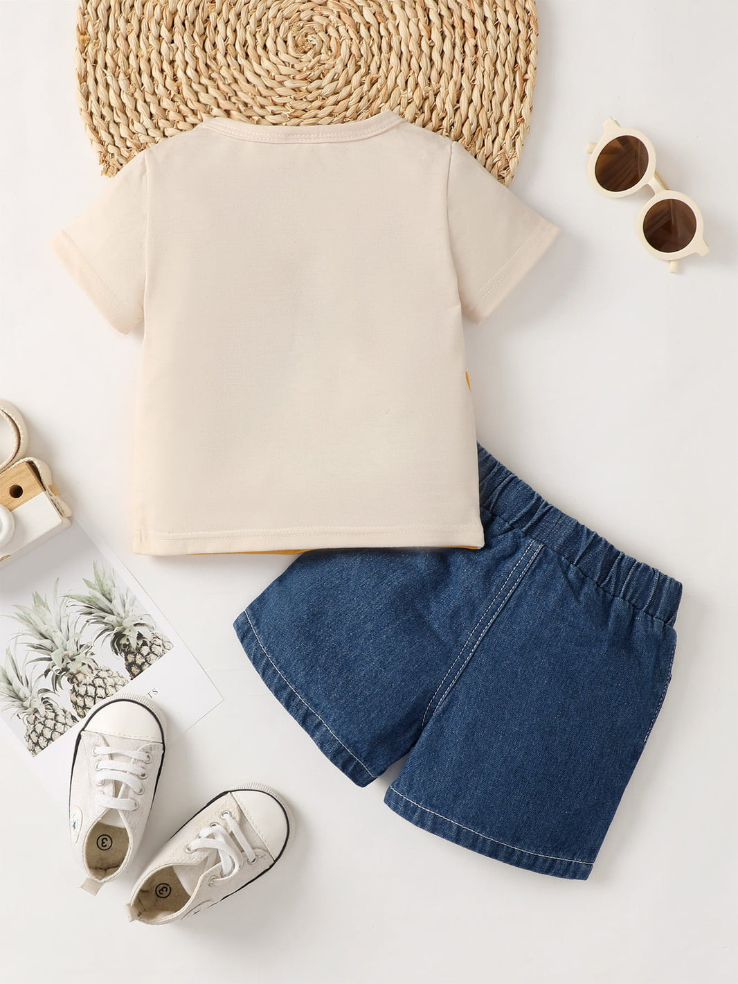 KEEP RUNNING Round Neck Tee and Denim Shorts Set Trendsi