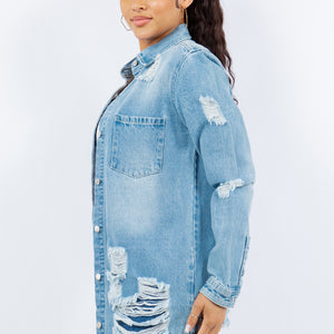 American Bazi Distressed Button Up Long Sleeve Denim Jacket Trendsi