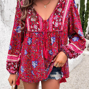 Printed Tie Neck Long Sleeve Blouse Trendsi