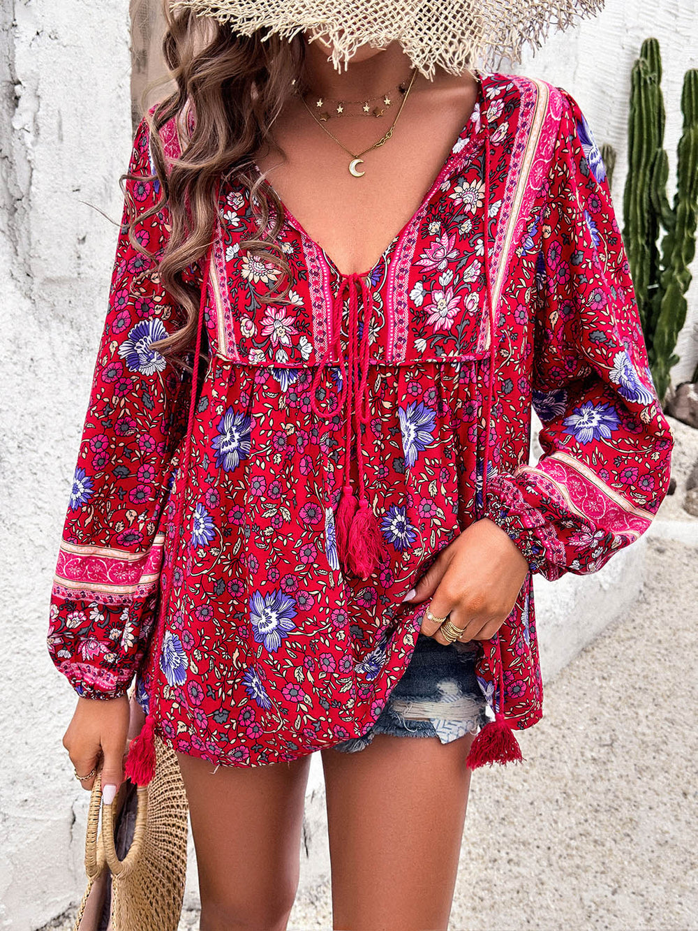 Printed Tie Neck Long Sleeve Blouse Trendsi