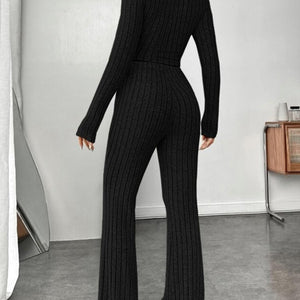 Ribbed Mock Neck Long Sleeve Top and Pants Set Trendsi