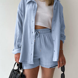 Texture Button Up Shirt and Drawstring Shorts Set Trendsi