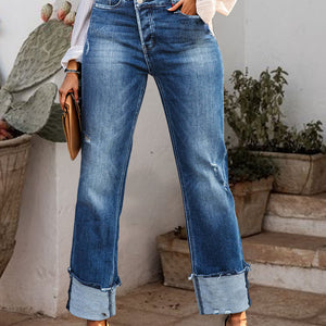 Stepped Waist Raw Hem Rolled Straight Jeans Trendsi