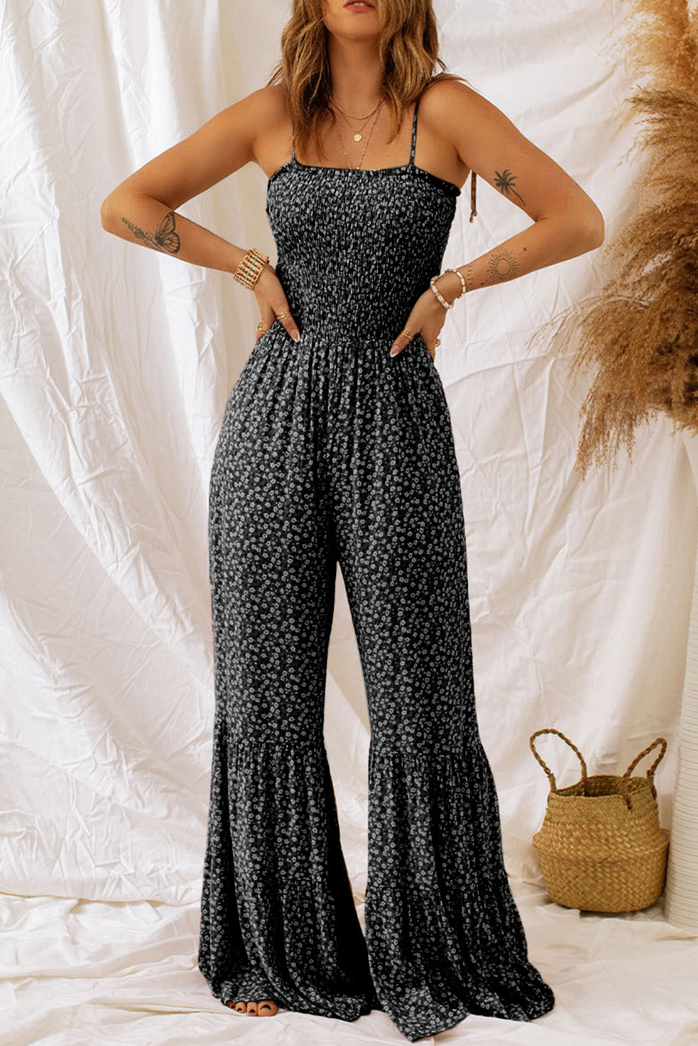 Floral Spaghetti Strap Wide Leg Jumpsuit Trendsi