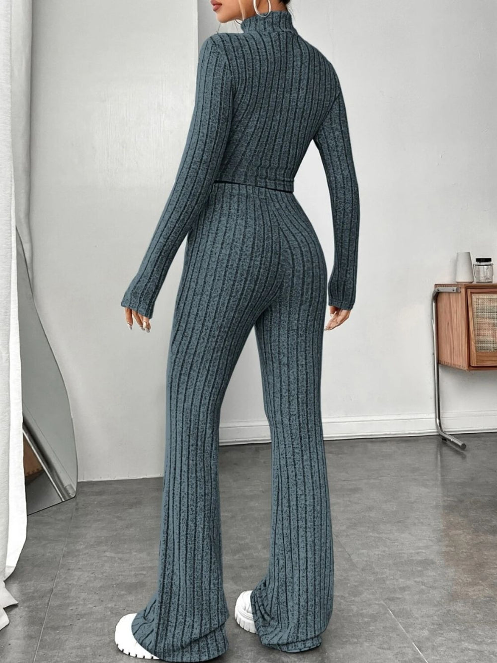 Ribbed Mock Neck Long Sleeve Top and Pants Set Trendsi