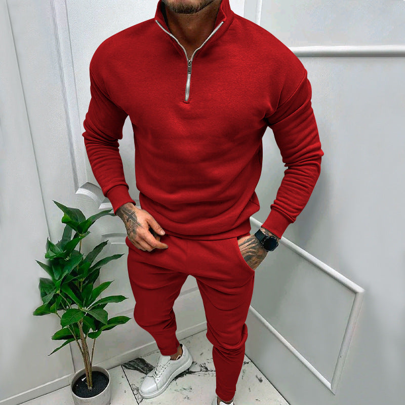 Men's Casual Fleece-lined Solid Color Top And Trousers Suit My Store