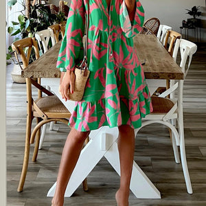 Printed Notched Long Sleeve Mini Dress Trendsi