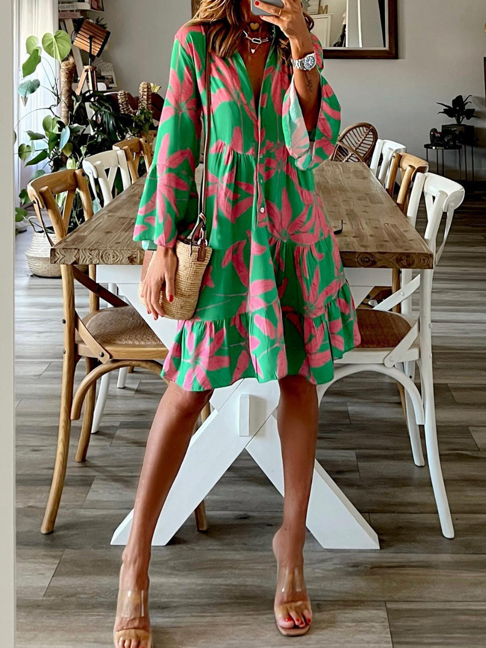 Printed Notched Long Sleeve Mini Dress Trendsi