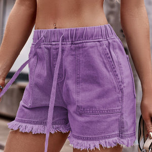 Drawstring Raw Hem Denim Shorts Trendsi