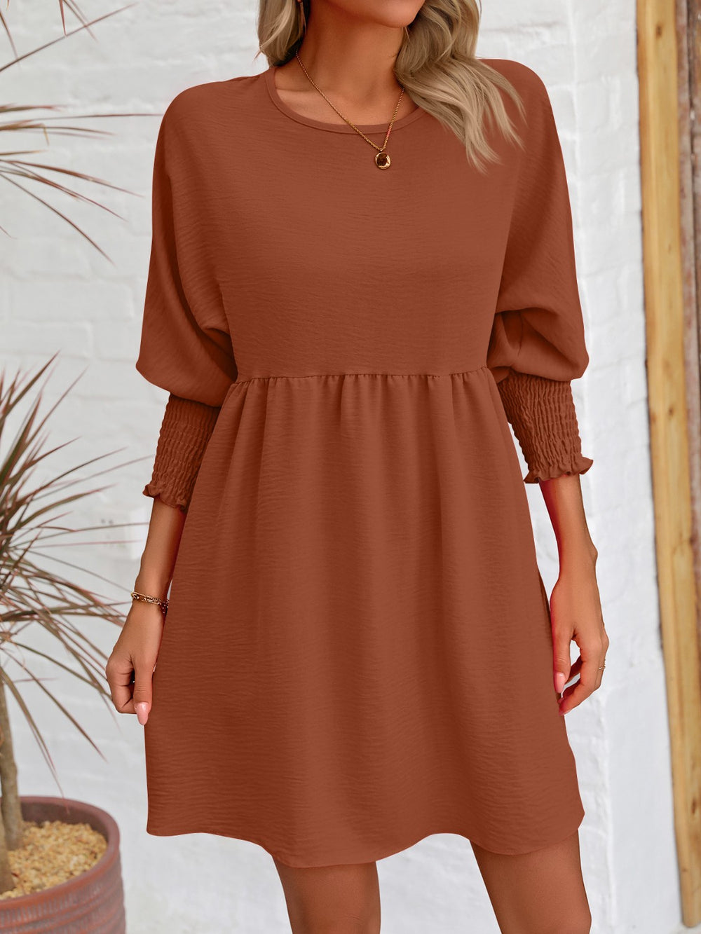 Round Neck Lantern Sleeve Mini Dress Trendsi