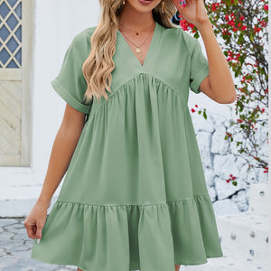 Ruched Tiered V-Neck Short Sleeve Mini Dress Trendsi