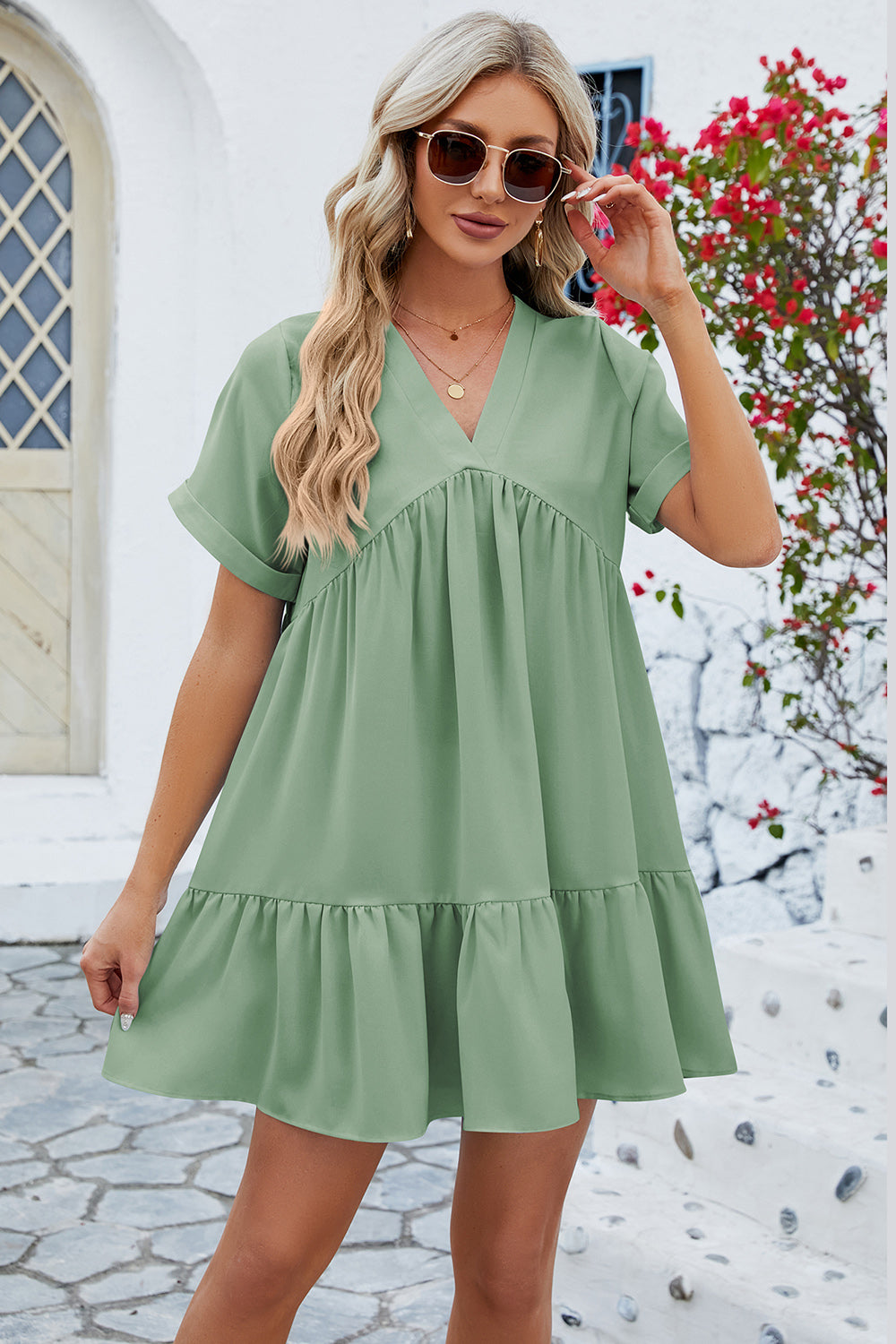 Ruched Tiered V-Neck Short Sleeve Mini Dress Trendsi