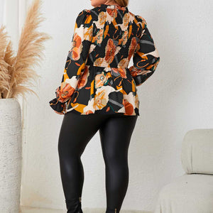 Plus Size Elastic Detail Long Sleeve Floral Babydoll Top Trendsi