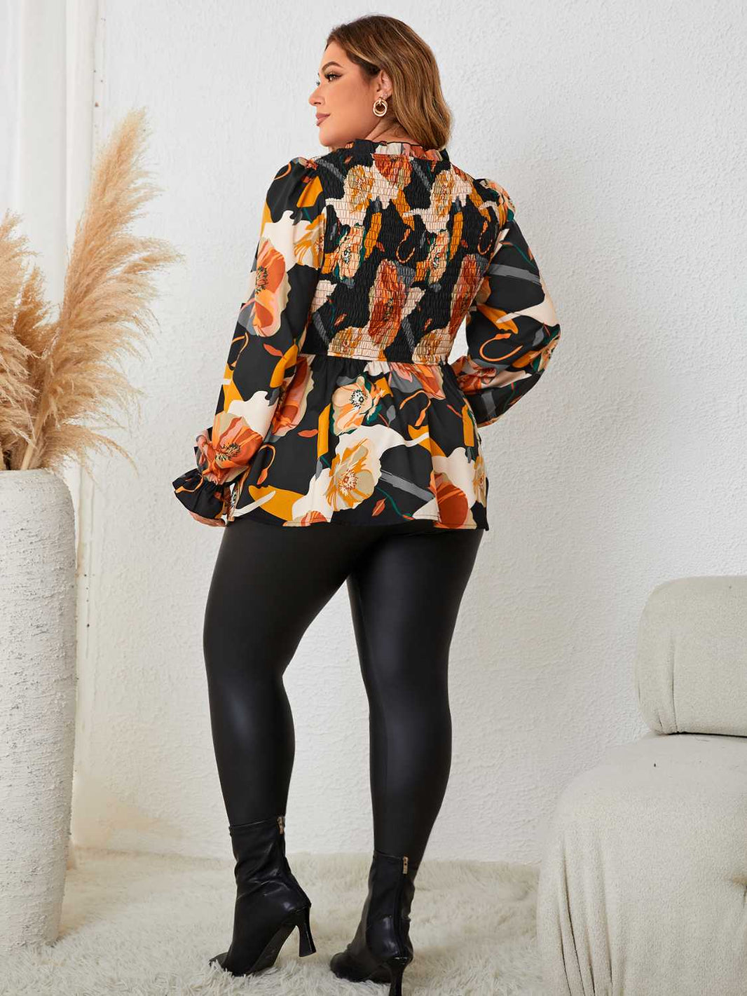 Plus Size Elastic Detail Long Sleeve Floral Babydoll Top Trendsi