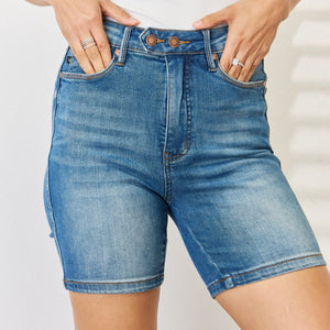 Judy Blue Full Size Tummy Control Double Button Bermuda Denim Shorts Trendsi