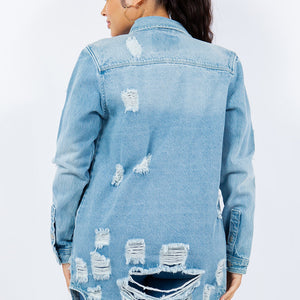 American Bazi Distressed Button Up Long Sleeve Denim Jacket Trendsi