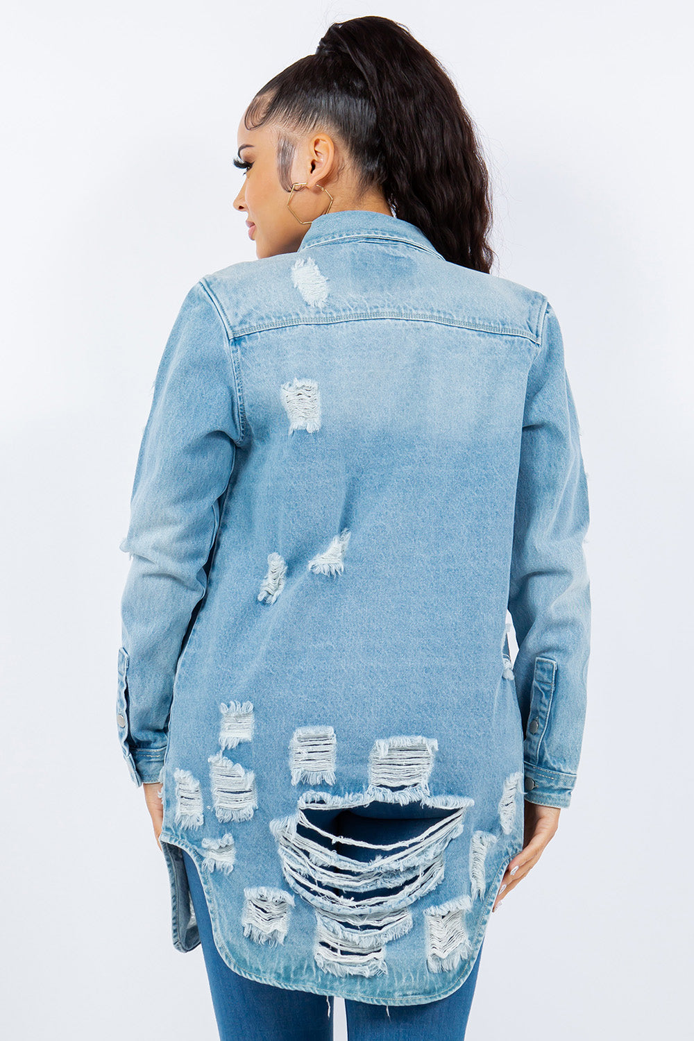 American Bazi Distressed Button Up Long Sleeve Denim Jacket Trendsi