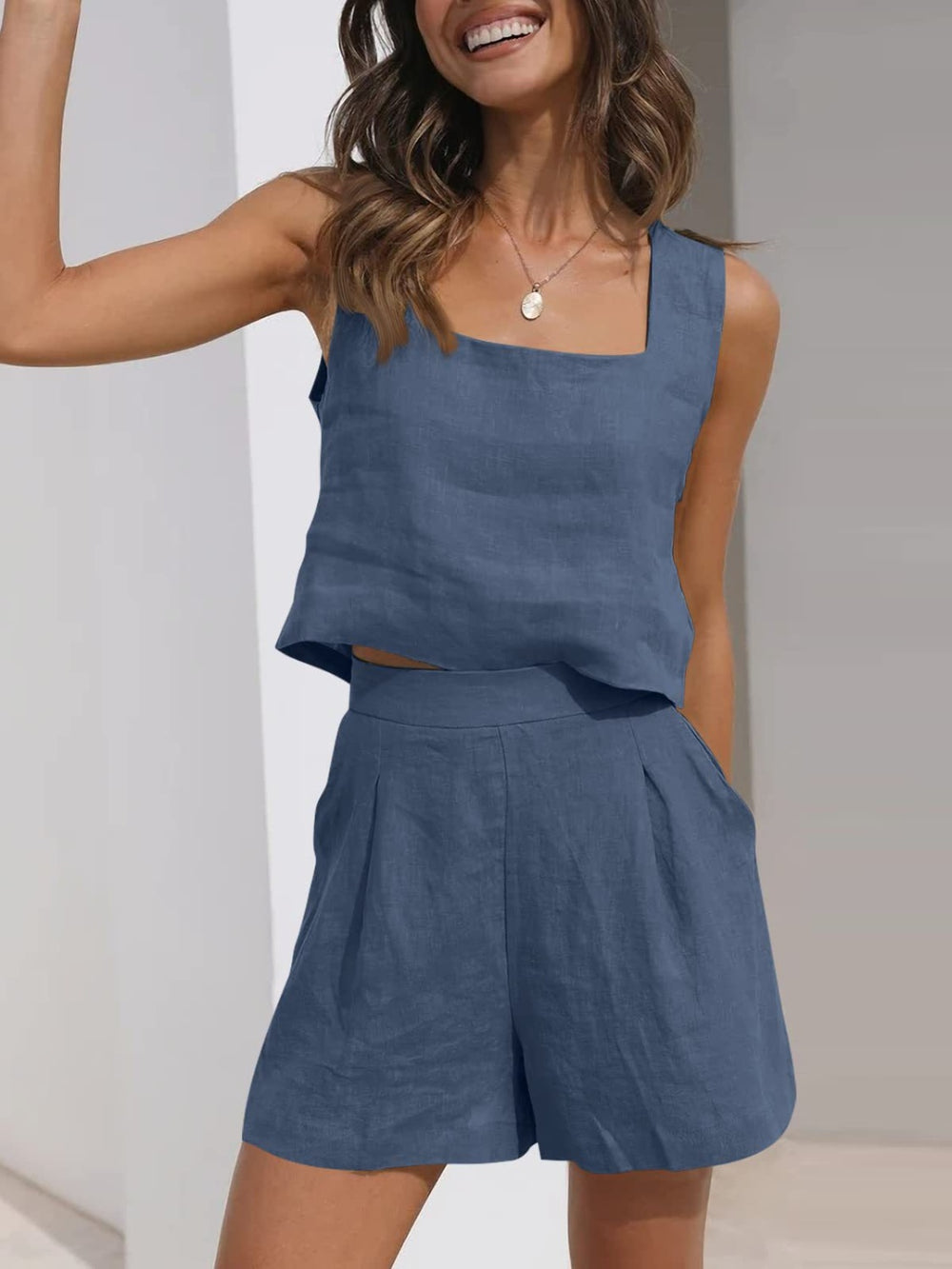 Square Neck Wide Strap Top and  Shorts Set Trendsi