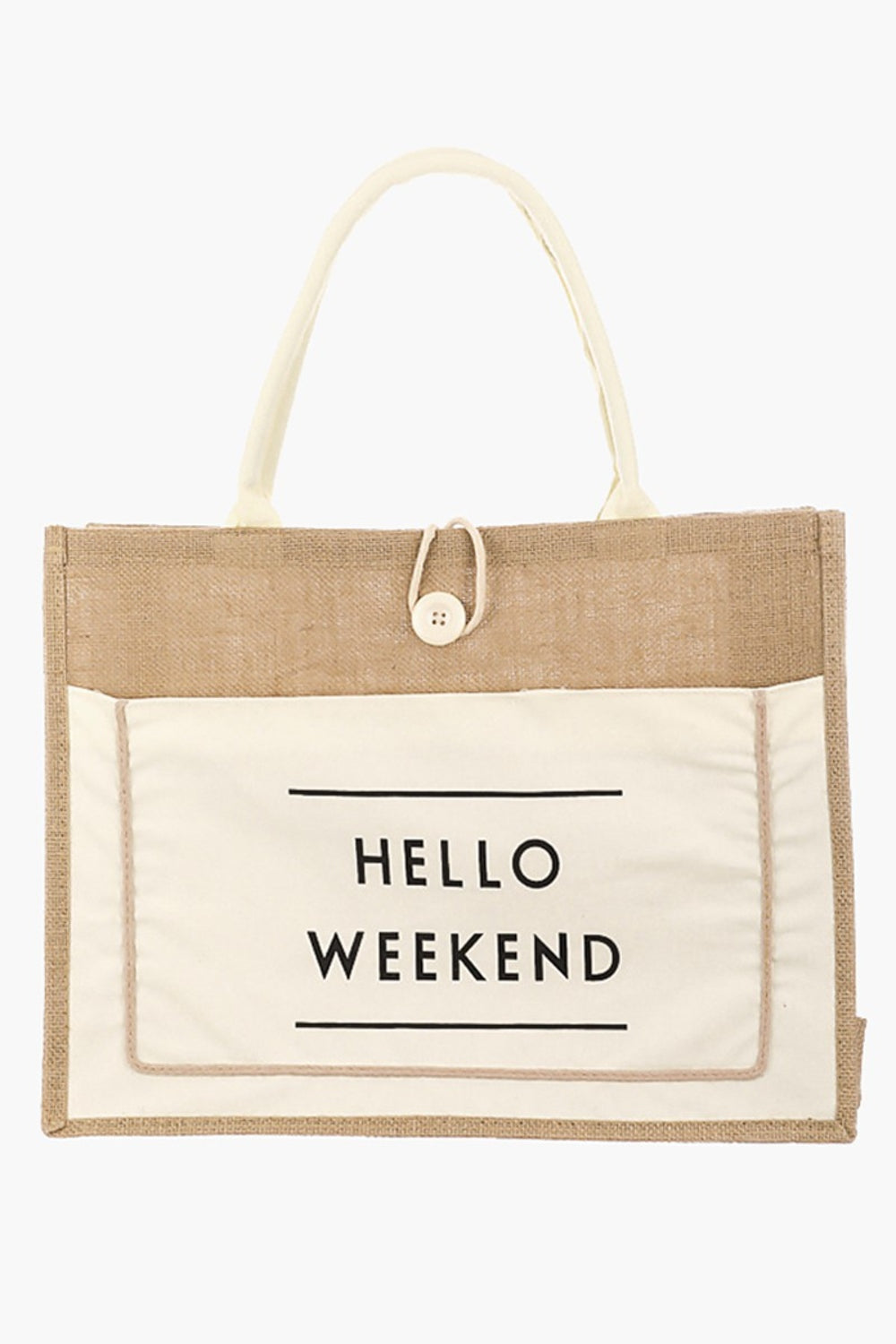 Fame Hello Weekend Burlap Tote Bag Trendsi